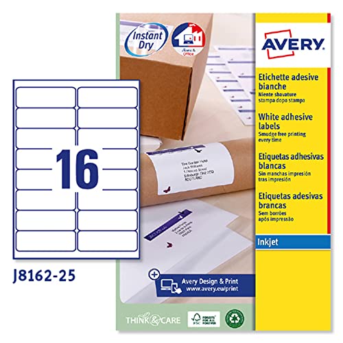 Avery schnelltrocknende Adressetiketten für Tintenstrahldrucker 16 pro Blatt 99,1 x 33,9 mm 400 Etiketten weiß von Avery