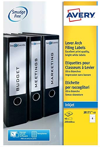 Etiketten für Aktenordner, Inkjet, 200 x 60 mm, Weiß, 4 Etiketten pro Blatt, 40 Etiketten pro Packung von Avery