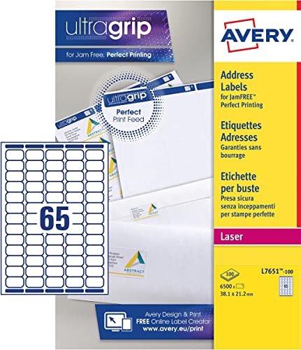 Avery L7651-100 selbstklebende Etiketten, weiß, 38,1 x 21,2 mm, 6500 Stück, Laserdruck, Anti-Stau-Druck von Avery