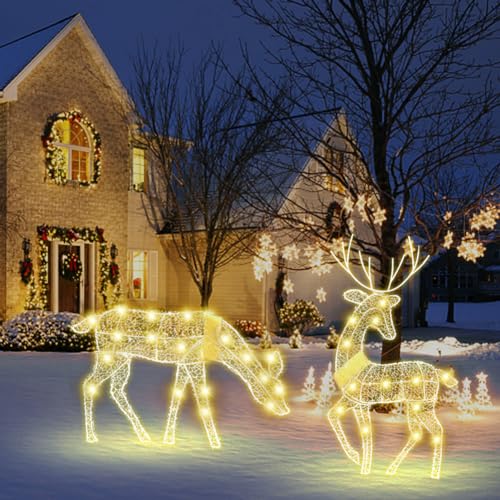 AVZYARDY LED Rentiere Beleuchtet,Rentiere Weihnachten Deko Aussen,3-teilig Vorbeleuchtetes Weihnachts-Rentier-Familienset mit Lichterkette, Wasserfeste leuchtender Weihnachts-Hirsch for den Garten von AVZYARDY