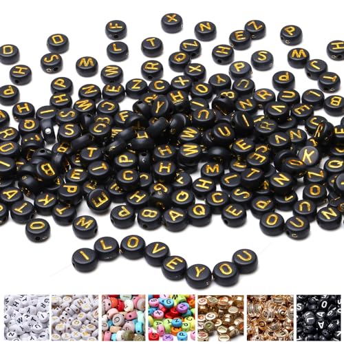 AWARDSEN 1500pcs Buchstabenperlen für Armbänder Schwarzer, 7 mm Acryl Buchstaben Perlen, Gold Buchstaben, Zwischenperlen für Armbänder Für DIY Geeignet Halsketten Armbänder handwerk von AWARDSEN