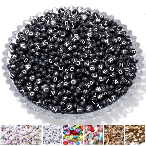 AWARDSEN 1500pcs Buchstabenperlen für Armbänder Schwarzer, 7 mm Acryl Buchstaben Perlen, Weiß Buchstaben, Zwischenperlen für Armbänder Für DIY Geeignet Halsketten Armbänder handwerk von AWARDSEN