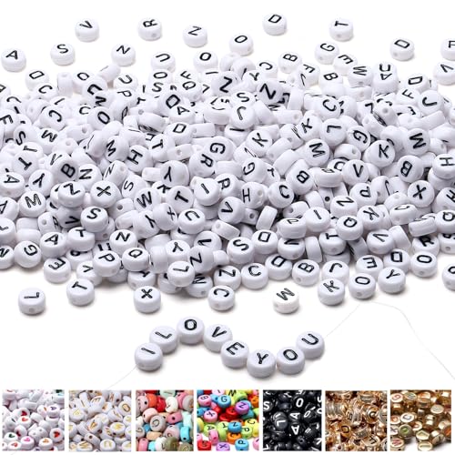 AWARDSEN 1500pcs Buchstabenperlen für Armbänder Weiß, 7 mm Acryl Buchstaben Perlen, Schwarzer Buchstaben, Zwischenperlen für Armbänder Für DIY Geeignet Halsketten Armbänder handwerk von AWARDSEN