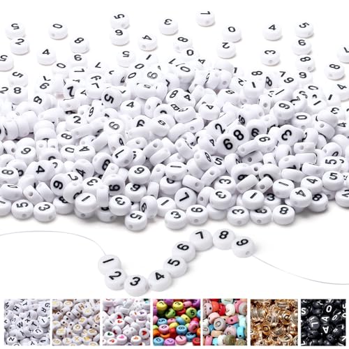 AWARDSEN 1500pcs Zahlen Perlen Perlen für Armbänder Weiß, 7 mm Acryl Perlen Zahlen, Schwarzer Nummer, Zwischenperlen für Armbänder Für DIY Geeignet Halsketten Armbänder handwerk von AWARDSEN