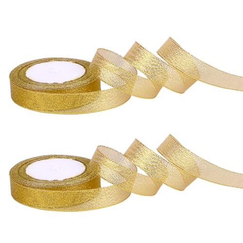 AWAVM 2 Stück goldenes Organza-Weihnachtsband, 22,7 m, 20 mm breit, Glitzer-Besatz, dekorative Geschenkbänder für Weihnachten, Erntedankfest, Basteln, 22,7 m von AWAVM