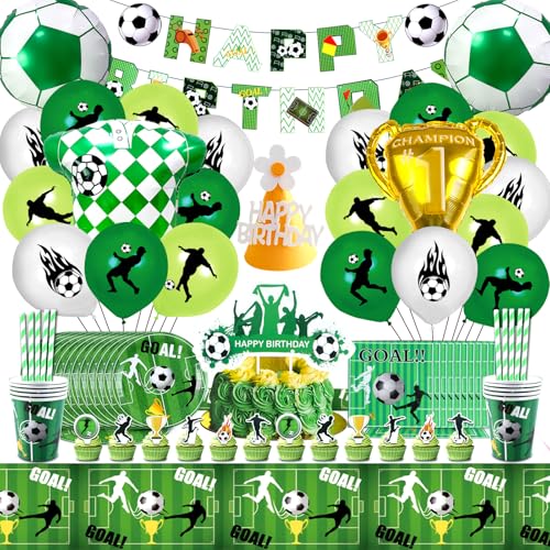Fussball Deko Geburtstag Kinder,100 stück Fussball Geburtstag Deko,FußBall Partygeschirr,Fussball Luftballon Pappteller Servietten Tischdecke für 10 Gäste,Geburtstagsdeko Jungen von AWERTGY