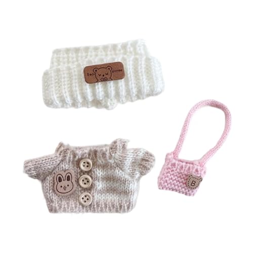 ＡＷＨＡＯ 3 Teiliges Set für Mini Puppenkleidung, Anzug, Hut, Pullover, Rucksack, Puppenzubehör, Kleidung, Puppenoutfits für 15 cm Und 17 cm Große Puppen, Weiß Khaki Und Pink von ＡＷＨＡＯ