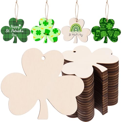 AWIZOM 60 Stück unlackierte Kleeblatt-Holzornamente, St. Patrick's Day, Ausschnitte zum Bemalen, blanko, Kleeblattscheiben mit Bindfaden, für Bastelarbeiten, Geschenkanhänger, irische von AWIZOM