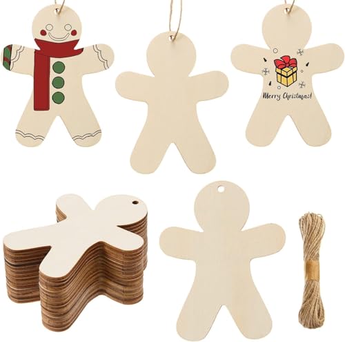 AWIZOM 60 Stück unlackierte Lebkuchenmann-Holzornamente aus Holz, Weihnachtsausschnitte, blanko, Lebkuchenscheiben mit Bindfaden, für Bastelarbeiten, Geschenkanhänger, Weihnachten, Winterurlaub, von AWIZOM