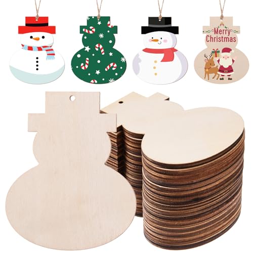 AWIZOM 60 Stück unlackierte Schneemann-Holzornamente, Weihnachtsschneemann-Ausschnitte zum Bemalen von Blanko-Holz-Schneemann-Scheiben mit Bindfaden, für Bastelarbeiten, Geschenkanhänger, Weihnachten, von AWIZOM