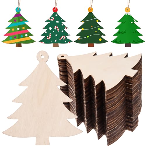 AWIZOM 60 Stück unlackierte Weihnachtsbaum-Ornamente aus Holz, Weihnachtsausschnitte, blanko, mit Bindfaden, für Bastelarbeiten, Geschenkanhänger, Weihnachten, Winterurlaub, Hängedekoration, 9,5 x 8,9 von AWIZOM