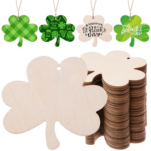 AWIZOM 72 Stück unlackierte Holzkleeblatt-Ornamente, St. Patrick's Day, Holzausschnitte, blanko, Holzkleeblatt zum Bemalen von Holzkleeblattscheiben mit Bindfaden, für Bastelarbeiten, Anhänger, von AWIZOM