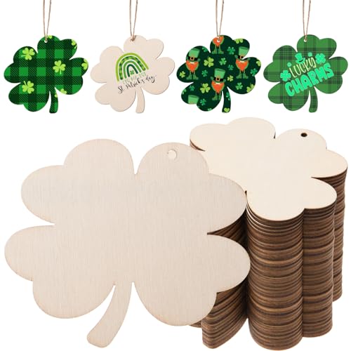 AWIZOM 72 Stück vierblättriges Kleeblatt-Ornament, unlackiert, St. Patrick's Day, Holz-Kleeblatt-Ausschnitte, blanko, 4 Blatt-Kleeblattscheiben mit Bindfaden, für Bastelarbeiten, Anhänger, irische von AWIZOM