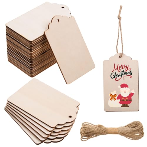 AWIZOM Holzanhänger mit Loch, 7,6 cm, rechteckige Geschenkanhänger, unlackierte Holz-Etiketten, blanko, hängende Holzornamente mit 180 m Schnur für Bastelarbeiten, Hochzeit, Weihnachten, Geburtstag, von AWIZOM