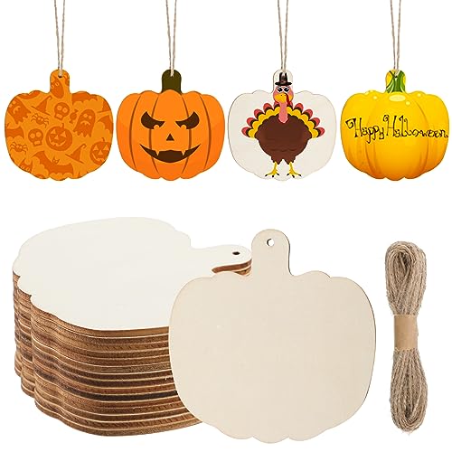 AWIZOM Kürbis-Holzausschnitte, unlackierte Holz-Kürbis-Ornamente, blanko, Herbst-Kürbis-Scheiben mit Bindfaden, für Bastelarbeiten, Herbsternte, Halloween, hängende Dekoration, 10 x 9,8 cm, 150 Stück von AWIZOM