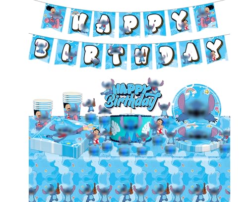 73PCS Partygeschirr mit Blauem Thema, Partygeschirr für Kindergeburtstage, Cartoon-Thema Partygeschirr Set , inklusive Banner, Teller, Tassen,Kuchendeckel – Geeignet für Kindergeburtstagsdekoration von AXPPKUY