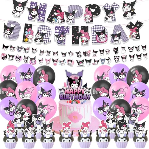 AXPPKUY 82 Stück Cartoon Thema Luftballons, Violett Geburtstagsdeko, Kawaii Thema Birthday Party Supplies inklusive Happy Birthday-Banner, Luftballons, Cupcake-Topper, Kuchendeckel und Aufkleber von AXPPKUY