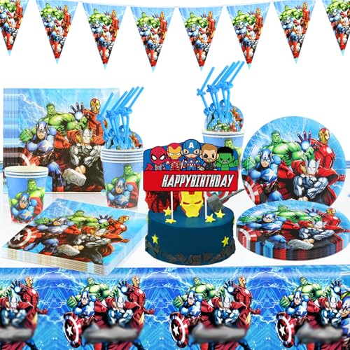 Geburtstag Partygeschirr Set, Hero Partygeschirr, Cartoon Thema Partygeschirr, Partygeschirr Kindergeburtstag Set, Thema Cartoon Party Set Inklusive Teller, Becher, Tischdecke, Pull Flag -10 Gäste von AXPPKUY