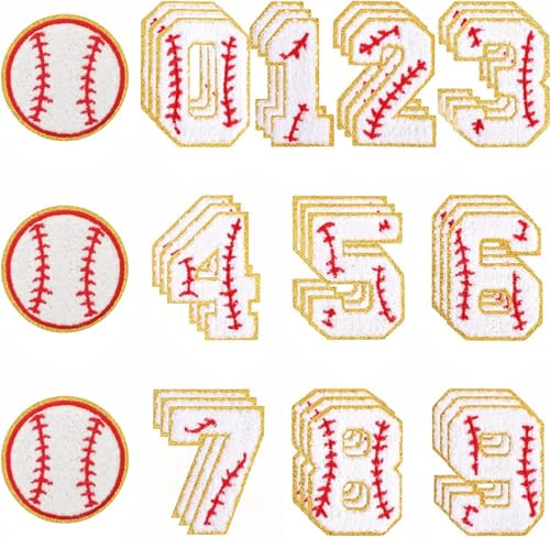 33 Stück Aufnäher zum Aufbügeln, Chenille-Patches mit goldenen Kanten, Sport-Patches zum Aufbügeln, bestickte Applikation für Hüte, Kleidung, Jacken, Rucksäcke (Baseball) von AXZTYYLA