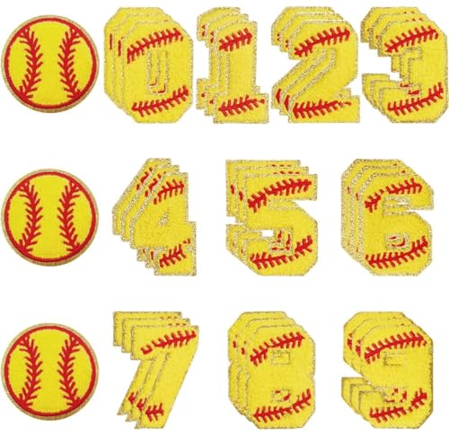 33 Stück Aufnäher zum Aufbügeln, Chenille-Patches mit goldenen Kanten, Sport-Patches zum Aufbügeln, bestickte Applikation für Hüte, Kleidung, Jacken, Rucksäcke (Softball) von AXZTYYLA