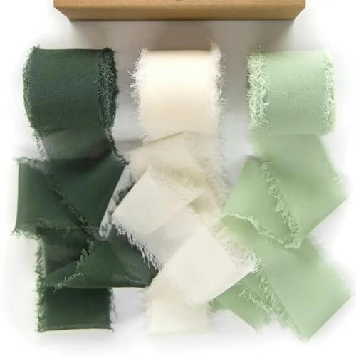 Mix 3 Rollen 5 m handgefertigtes Chiffon-Seidenband mit Fransen, Gaze, weiße und grüne Bänder zum Verpacken von Hochzeiten, DIY-Dekorationen, Set 23–3 Farben von AYHTUD