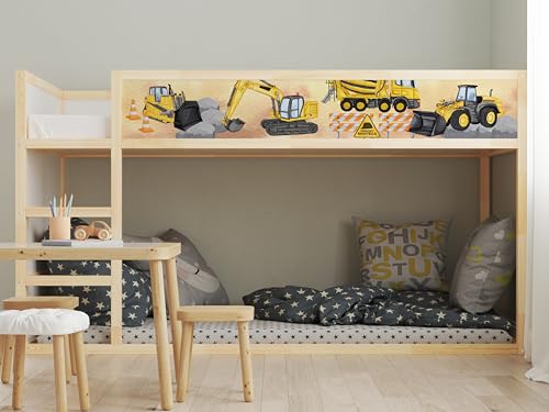 Aufkleber passend für Ikea KURA Bett Sticker Kinderzimmer Baustelle Bagger Betonmischer LKW Spielzimmer Deko Bettaufkleber KB3032 (FrontSticker 1tlg.) von AYMINOO