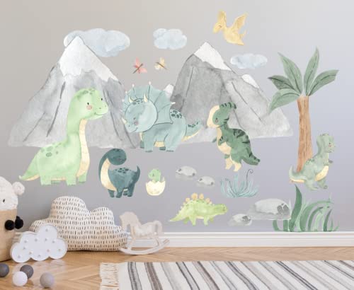 Wandtattoo Kinderzimmer süße Dinos großes Dinosaurierset Aquarell mit Naturlandschaft Wandaufkleber Spielzimmer Deko Wanddeko Baby von AYMINOO