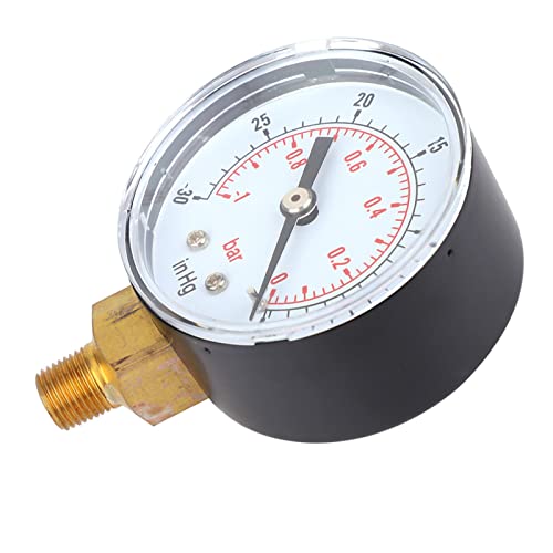 Vakuummeter 1/8 BSPT, 50 mm Messuhr, 1-0Bar -30-0inHg Doppelskala, Anschluss unten, zum Messen von Wasser, Öl, Luft oder Gas für Luftkompressoren von AYNEFY