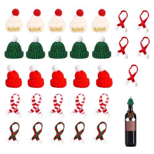 AYNKH 30 Stück Mini Weihnachtsmütze und Schal Set, Flaschenverschluss, Lutscherhut, Finger Kleine Nikolausmützen, Dekoration für Tasse Besteck Flasche, Flaschendeko und Tischdeko von AYNKH