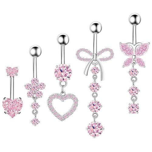 AYNKH 5 Stück rosa Bauchknopf, hypoallergen, perforierter Bauchknopf aus Edelstahl mit Kupfer-Finish und Zirkonia, Herz-Anhänger, Schleife, Schmetterling, Blume, 5 Stück von AYNKH