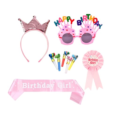 AYNKH 9-teiliges rosa Geburtstagsparty-Set mit lustiger Geburtstagsbrille, rosa Krone, Geburtstagsabzeichen und Geburtstagsschärpe, 5 Pfeifen (zufällige Farbe), Geburtstagsparty für Mädchen, Kinder von AYNKH