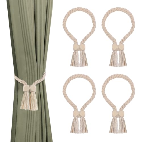 AYSYR 4 Stück Raffhalter für Vorhänge Beige,Vorhang Raffhalter Magnetische Stärke,Vorhang Halter Leicht zu Installieren Boho,Raffhalter für Gardinen Schöne Dekoration,Gardinenhalter Gewebter Vorhang von AYSYR