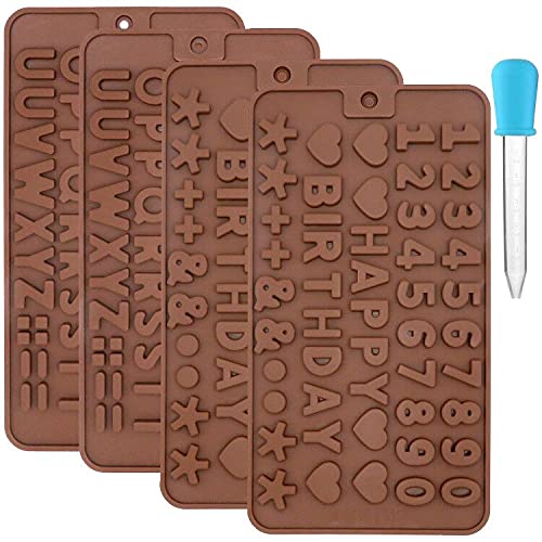 4 Set Silikon Schokolade Briefform und Zahl Formen Tablett mit Kunststoff-Tropfer für Seife Herstellung von Süßigkeiten Kuchen Dekorieren DIY Backen Alphabet Alles Gute zum Geburtstag Symbol von AYWFEY