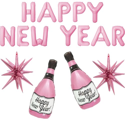 16 Stück rosa Neujahrsballons Champagnerflasche Luftballons Happy New Year Luftballons Banner Stern Ballons NYE Ballons für Silvester Party Dekorationen Silvester Dekor Supplies Luftballons Party-Sets von AZGRUEILK