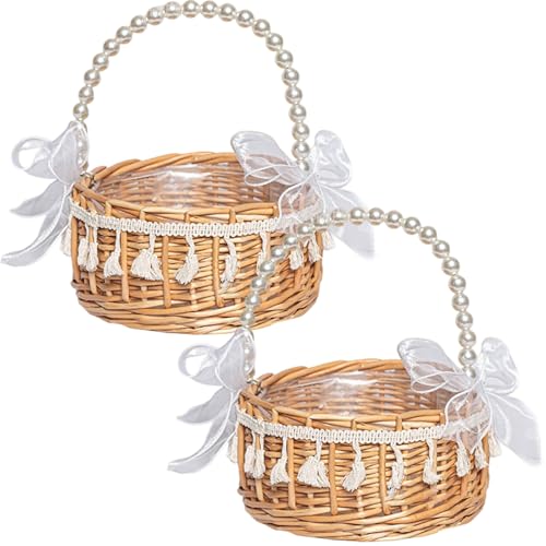 2pcs Wicker Rattan Blumenmädchenkorb, 8x6.5 Dekorative Eier Bonbonkorb mit Griff und weißer Bandbogen für Osterhochzeiten Party Outdoor Picknick Hausgartendekoration von AZIDWERYQ