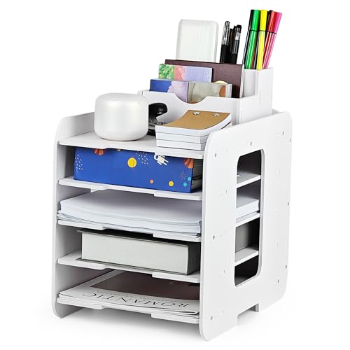 2 Stück Schreibtisch Organizer Ablagefächer Stapelbar, 5-Tier Briefablage A4 Dokumentenablage für Büro Organizer mit Stifthalter, Papierablage Aktenablage Weiß Schreibtischablage für Office Schule Zuh von AZKEEGREY