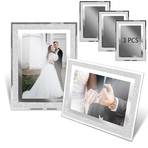 AZKEEGREY 3er-Set Glas Bilderrahmen 15x20, Silber Glitter Fotorahmen, Photo Frame Rahmen für Baby, Familienfotos, Hochzeitsfotos von AZKEEGREY