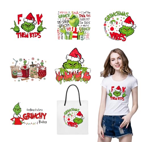 6 Bögen Weihnachts-Aufkleber zum Aufbügeln aus Vinyl für Weihnachten, Wärmetransfer, Vinyl-Design, Abziehbilder für T-Shirts, Kleidung, Kissen, Kapuzenpullover, Rucksack, DIY-Weihnachtsdekoration von AZTSYT