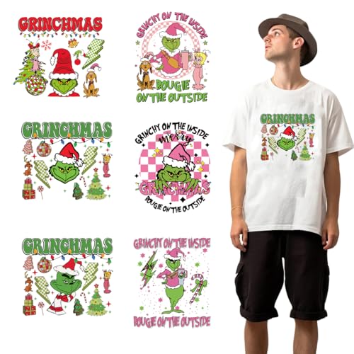 6 Stück niedliche rosa Weihnachts-Bügelbilder, Cartoon-Weihnachten, HTV, Aufkleber für T-Shirts, Kleidung, Kissenbezüge, Hoodies, Kleidung, DIY-Dekorationen von AZTSYT