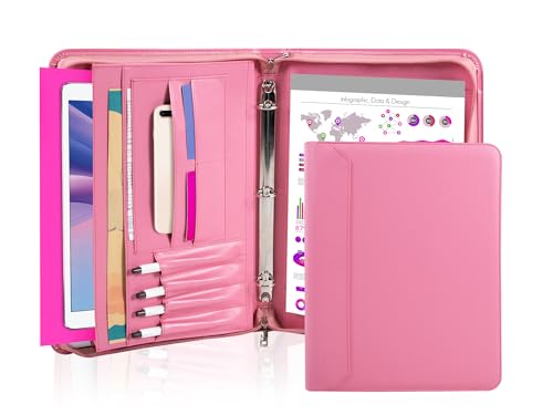 AZXCG Premium-Padfolio für Damen, 3-Ringordner, A4/Brief-Format, Folio-Portfolio aus PU-Leder mit iPad-, Dokumenten-, Handy- und Visitenkartenhaltern – professionelles Bürozubehör, super rosa von AZXCG