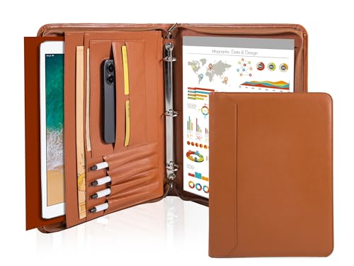 AZXCG Premium-Padfolio für Damen und Herren, 3-Ringordner, A4/Briefformat, Folio-Etui aus PU-Leder mit iPad-, Dokumenten-, Handy- und Visitenkartenhaltern – professionelles Bürozubehör, Braun von AZXCG