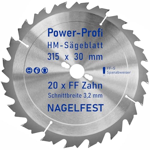 HM-Sägeblatt 20 x Zahn FF 315 x 30 mm FF-S Nagelfest mit Spanabweiser Kreissägeblatt HW für Tischkreissäge Wippsäge Schalholz Naturholz Holzplatten Bauholz Brennholz Schaltafel mit Betonbeschlag Nägel von AZprof