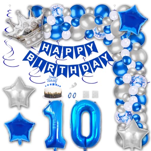 Aabellay 10 Jahre Geburtstag Dekorationen Blau Geburtstagsdeko Happy Birthday Banner Silber Konfetti Luftballons Nummer Folienballons Krone Stern Mylar Foil Ballon Tortendeko für Mann Frauen von Aabellay