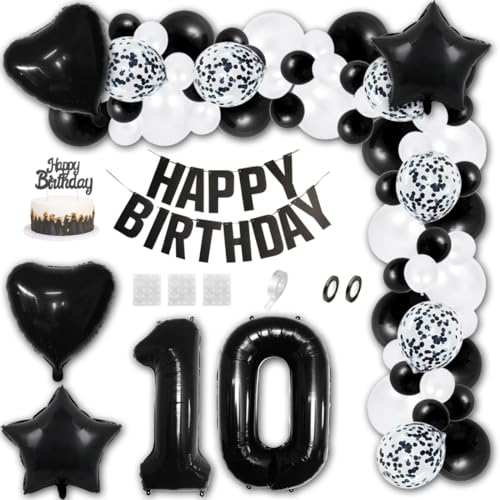 Aabellay 10 Jahre Geburtstag Dekorationen Schwarz Geburtstagsdeko Happy Birthday Banner Weiß Konfetti Luftballons Nummer Folienballons Stern Mylar Foil Ballon Tortendeko für Mann Frauen von Aabellay