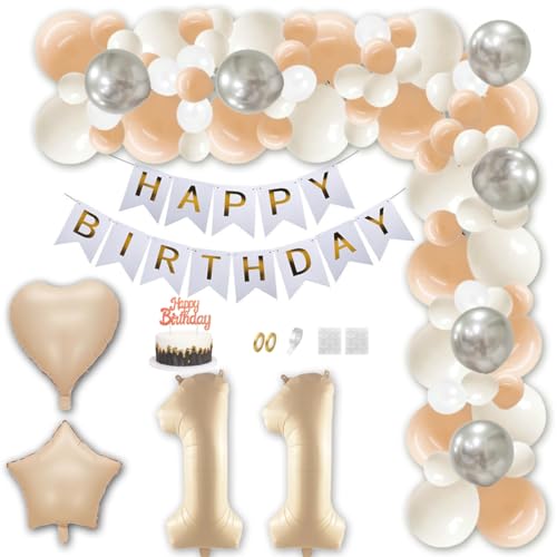 Aabellay 11 Jahr Geburtstag Deko Männer Frauen Karamell Aprikose Geburtstagsdeko Gold Happy Birthday Banner Geburtstag Nummer Folienballons Weiß Silber Konfetti Luftballons Tortenaufsatz von Aabellay