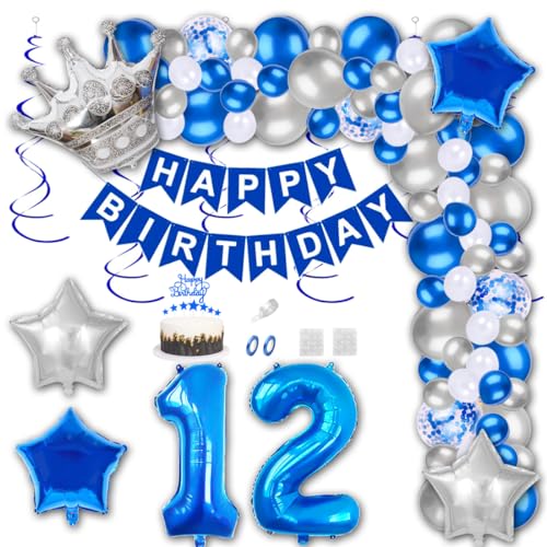 Aabellay 12 Jahre Geburtstag Dekorationen Blau Geburtstagsdeko Happy Birthday Banner Silber Konfetti Luftballons Nummer Folienballons Krone Stern Mylar Foil Ballon Tortendeko für Mann Frauen von Aabellay