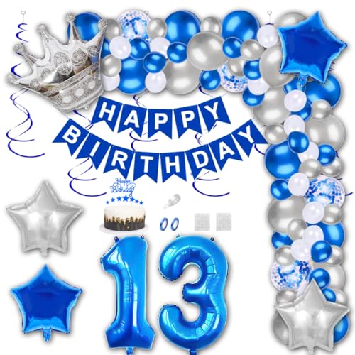 Aabellay 13 Jahre Geburtstag Dekorationen Blau Geburtstagsdeko Happy Birthday Banner Silber Konfetti Luftballons Nummer Folienballons Krone Stern Mylar Foil Ballon Tortendeko für Mann Frauen von Aabellay