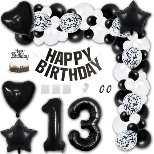 Aabellay 13 Jahre Geburtstag Dekorationen Schwarz Geburtstagsdeko Happy Birthday Banner Weiß Konfetti Luftballons Nummer Folienballons Stern Mylar Foil Ballon Tortendeko für Mann Frauen von Aabellay