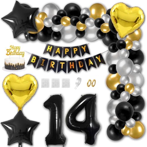 Aabellay 14 Jahre Geburtstag Dekorationen Schwarz Geburtstagsdeko Happy Birthday Banner Gold Konfetti Luftballons Nummer Folienballons Stern Mylar Foil Ballon Tortendeko für Mann Frauen von Aabellay