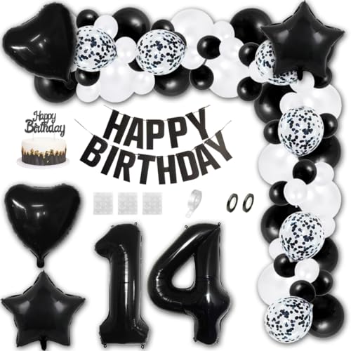 Aabellay 14 Jahre Geburtstag Dekorationen Schwarz Geburtstagsdeko Happy Birthday Banner Weiß Konfetti Luftballons Nummer Folienballons Stern Mylar Foil Ballon Tortendeko für Mann Frauen von Aabellay